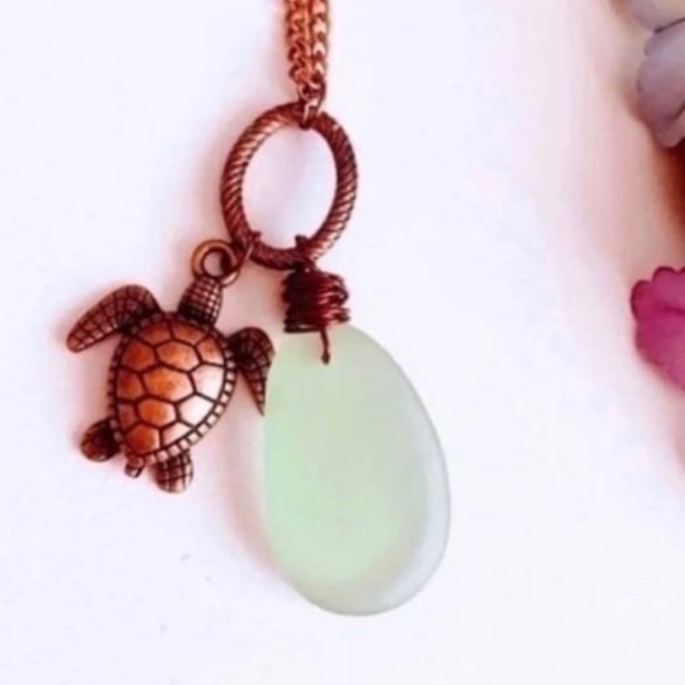 Vintage-Style Turtle Pendant Necklace with Pale Green Sea Glass Charm